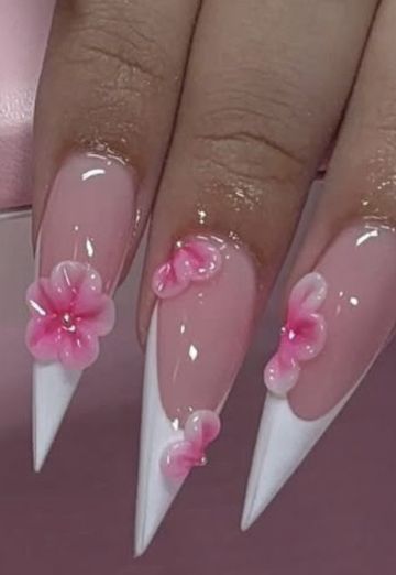 Bold French tip stiletto nails with pink flower