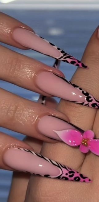 Pink chaeta print French tip stiletto nails