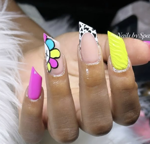 Bold multi design lipstick shaped nails